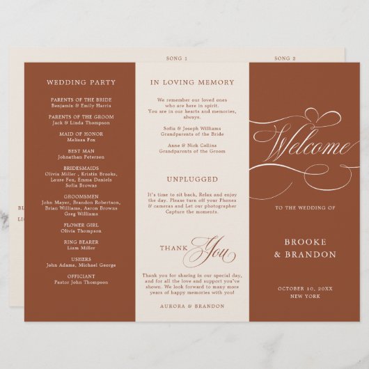 Moderne kalligrafie Terracotta Boho Wedding Progra (Voorkant / Achterkant)