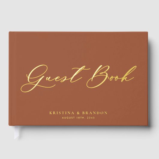  moderne kalligrafie terracotta foto bruiloft gastenboek (Voorkant)