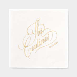 Moderne kalligrafie tijdloos goud en witte trouwda folie servetten