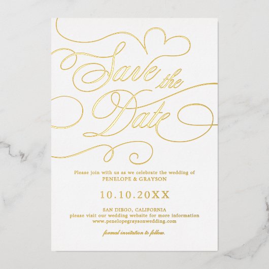 Moderne kalligrafie tijdloos goud Save the Date Folie Uitnodiging (Voorkant)