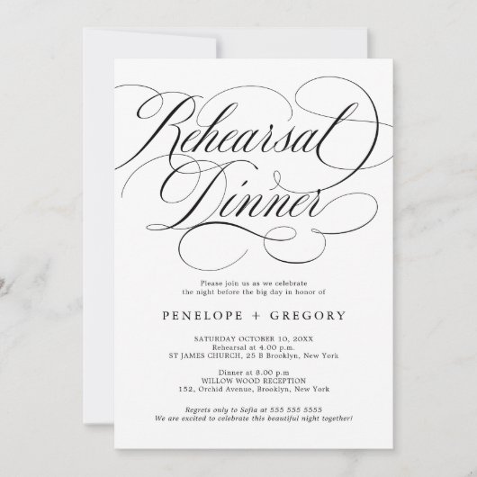 Moderne kalligrafie tijdloos zwart repetitie diner kaart (Voorkant)