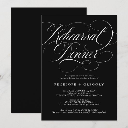 Moderne kalligrafie tijdloos zwart repetitie diner kaart (Voorkant / Achterkant)