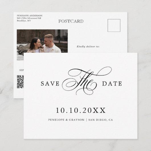 Moderne kalligrafie tijdloos Zwart Save the Date Briefkaart (Voorkant / Achterkant)