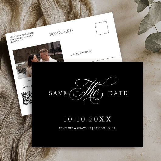 Moderne kalligrafie tijdloos zwart Save the Date Briefkaart