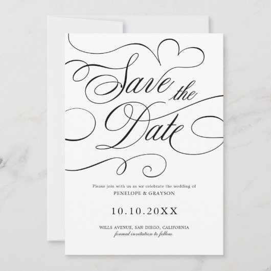 Moderne kalligrafie tijdloze Black QR code bruilof Save The Date (Voorkant)