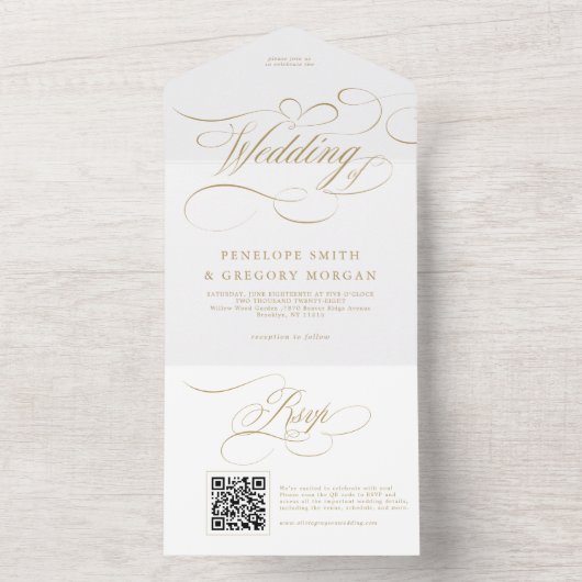 Moderne kalligrafie tijdloze gouden en witte bruil all in one uitnodiging (Binnen)