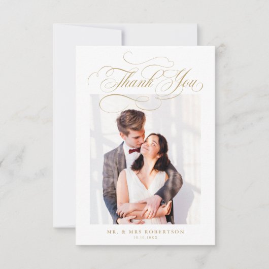 Moderne kalligrafie tijdloze gouden en witte bruil bedankkaart (Voorkant)