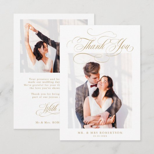 Moderne kalligrafie tijdloze gouden en witte bruil bedankkaart (Voorkant / Achterkant)