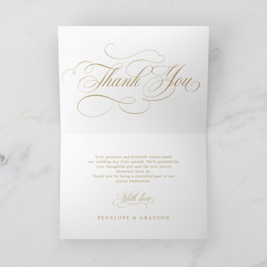 Moderne kalligrafie tijdloze gouden en witte bruil bedankkaart (Binnen)