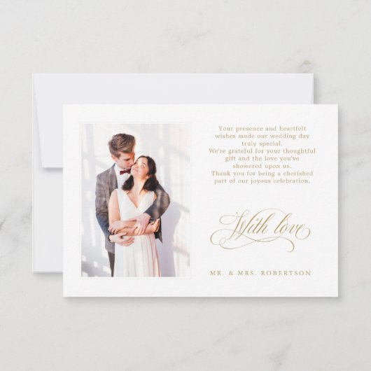 Moderne kalligrafie tijdloze gouden en witte bruil bedankkaart (Achterkant)