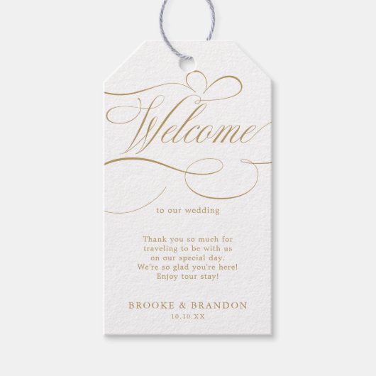 Moderne kalligrafie tijdloze gouden en witte bruil cadeaulabel (Voorkant)