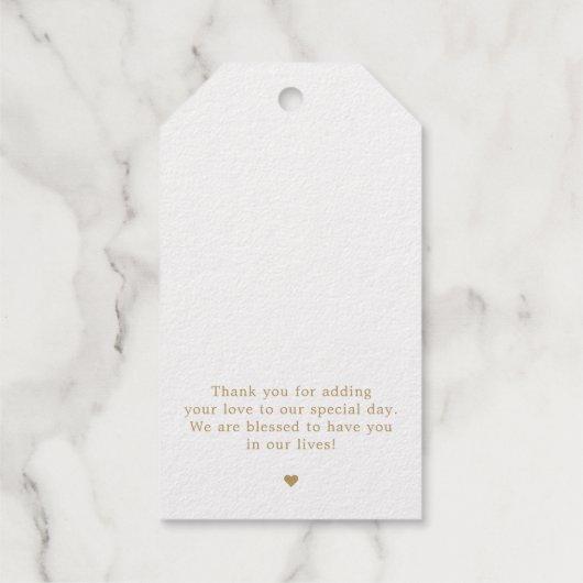 Moderne kalligrafie tijdloze gouden en witte bruil cadeaulabels (Achterkant)