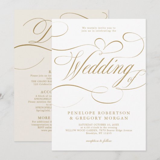 Moderne kalligrafie tijdloze gouden en witte bruil kaart (Voorkant / Achterkant)
