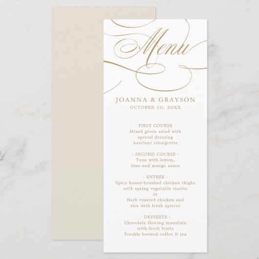 Moderne kalligrafie tijdloze gouden en witte bruil menu (Voorkant / Achterkant)