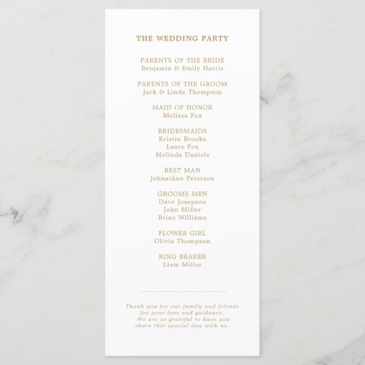 Moderne kalligrafie tijdloze gouden en witte bruil programmakaart (Achterkant)