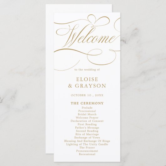 Moderne kalligrafie tijdloze gouden en witte bruil programmakaart (Voorkant / Achterkant)