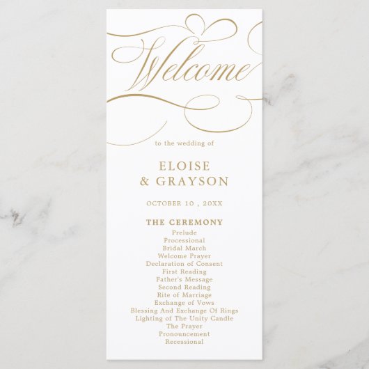 Moderne kalligrafie tijdloze gouden en witte bruil programmakaart (Voorkant)