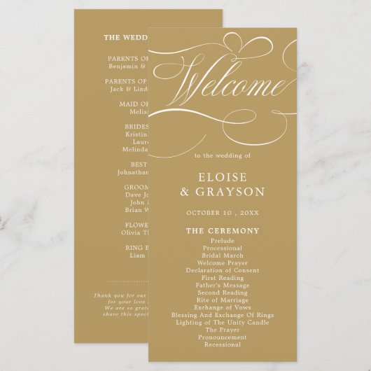 Moderne kalligrafie tijdloze gouden en witte bruil programmakaart (Voorkant / Achterkant)