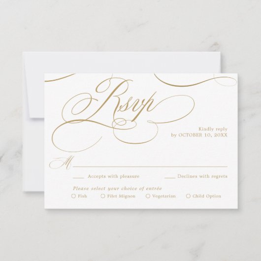 Moderne kalligrafie tijdloze gouden en witte bruil RSVP kaartje (Voorkant)