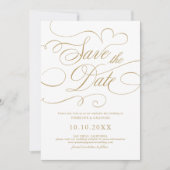 Moderne kalligrafie tijdloze gouden en witte bruil save the date (Voorkant)