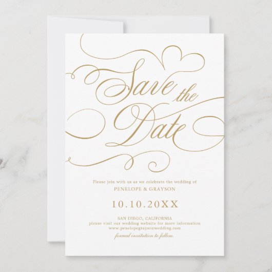 Moderne kalligrafie tijdloze gouden en witte bruil save the date (Voorkant)