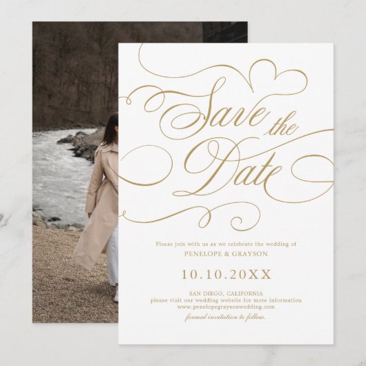 Moderne kalligrafie tijdloze gouden en witte bruil save the date (Voorkant / Achterkant)
