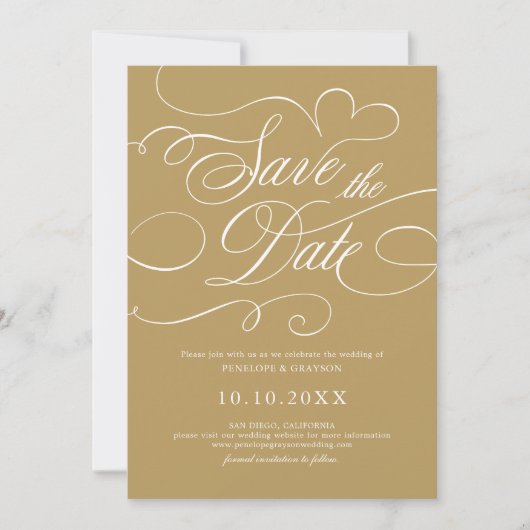 Moderne kalligrafie tijdloze gouden en witte bruil save the date (Voorkant)
