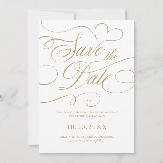 Moderne kalligrafie tijdloze gouden QR code bruilo Save The Date (Voorkant)