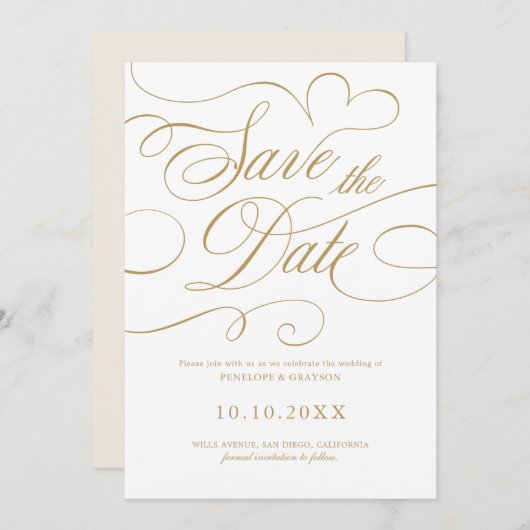 Moderne kalligrafie tijdloze gouden QR code bruilo Save The Date (Voorkant / Achterkant)