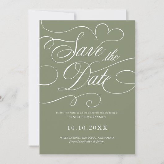 Moderne kalligrafie tijdloze Sage QR-code bruiloft Save The Date (Voorkant)
