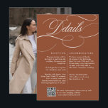 Moderne kalligrafie Tijdloze Terracotta bruiloft Informatiekaartje<br><div class="desc">Een tijdloos terracotta dessertthema en een elegante trouwdetailkaart met verfijnd kalligrafiescript op een klassieke achtergrond,  perfect voor een formeel en verfijnd huwelijksfeest. Voor maatwerk of extra producten met dit ontwerp,  neem dan gerust contact met mij op.</div>