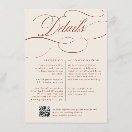 Moderne kalligrafie Tijdloze Terracotta bruiloft Informatiekaartje (Voorkant)