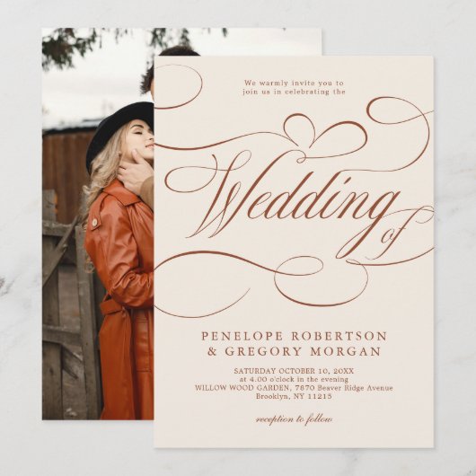 Moderne kalligrafie Tijdloze Terracotta bruiloft Kaart (Voorkant / Achterkant)