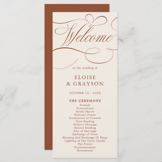 Moderne kalligrafie Tijdloze Terracotta bruiloft Programmakaart (Voorkant / Achterkant)