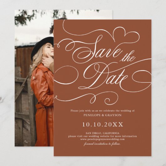 Moderne kalligrafie Tijdloze Terracotta Foto Save The Date (Voorkant / Achterkant)