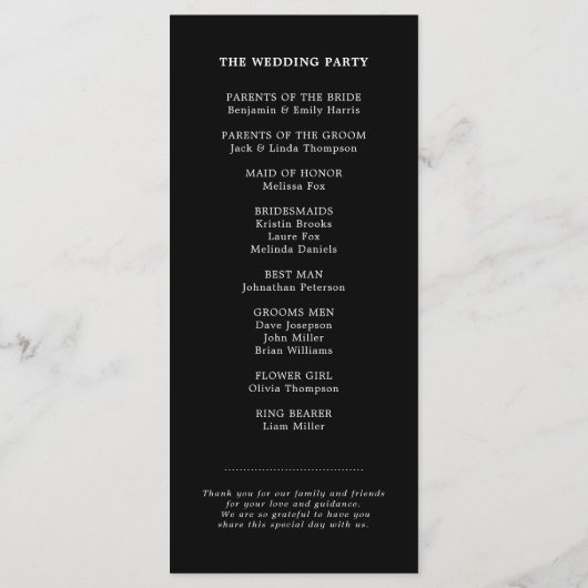 Moderne kalligrafie tijdloze zwart wit bruiloft programmakaart (Achterkant)