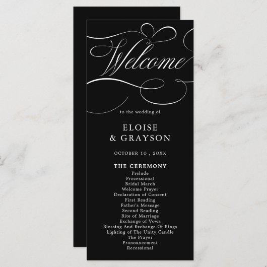 Moderne kalligrafie tijdloze zwart wit bruiloft programmakaart (Voorkant / Achterkant)