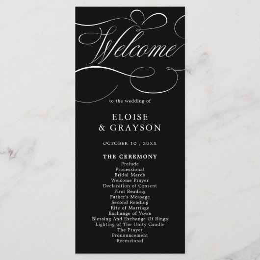 Moderne kalligrafie tijdloze zwart wit bruiloft programmakaart (Voorkant)