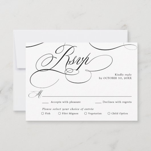 Moderne kalligrafie tijdloze zwart-wit bruiloft RSVP kaartje (Voorkant)