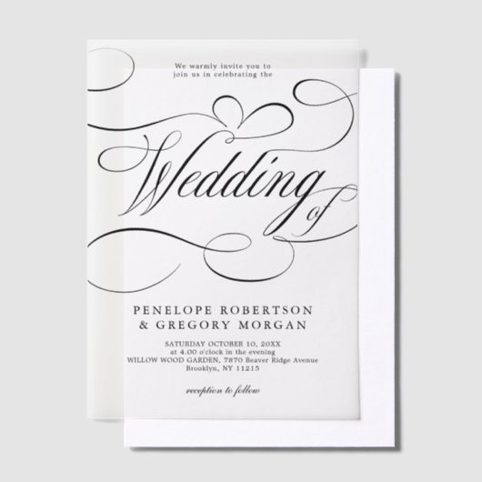 Moderne kalligrafie tijdloze zwart-wit bruiloft vellum uitnodigingen (Offset)