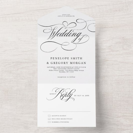 Moderne kalligrafie tijdloze zwart witte bruiloft all in one uitnodiging (Binnen)