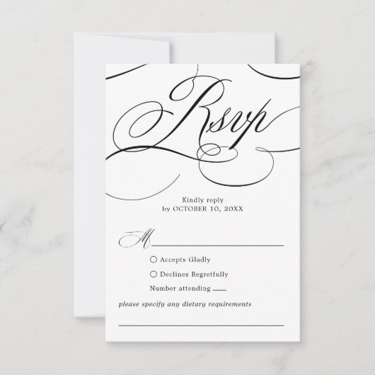 Moderne kalligrafie tijdloze zwart witte bruiloft RSVP kaartje (Voorkant)