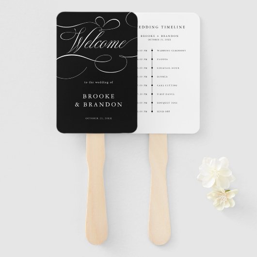 Moderne kalligrafie tijdloze zwarte bruiloft Tijdl Handwaaier (Voorkant en achterkant)