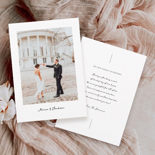 Moderne kalligrafie trouwfoto bedankkaart