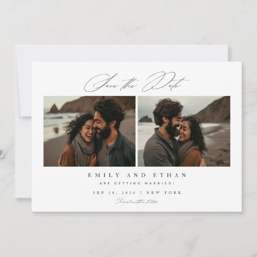 Moderne kalligrafie twee foto QR-code Save The Date (Voorkant)