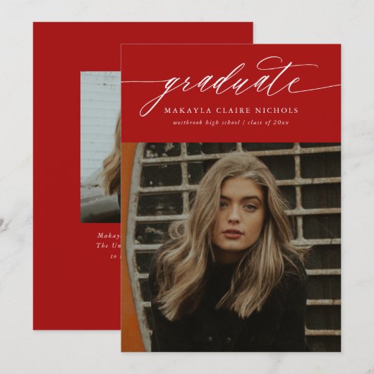 Moderne kalligrafie Twee foto-rood Afstuderen Aankondiging (Voorkant / Achterkant)