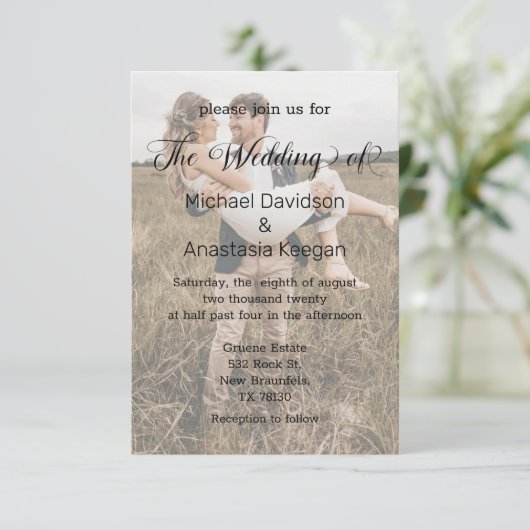 Moderne kalligrafie vervaagde bruiloft 2 foto's kaart (Staand voorkant)