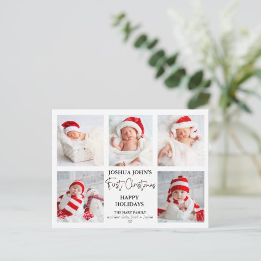 Moderne kalligrafie Vijf foto Eerste Kerstmis Briefkaart (Staand voorkant)