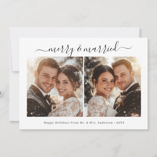 Moderne kalligrafie Vrolijk en getrouwd kerstfoto Feestdagenkaart (Voorkant)