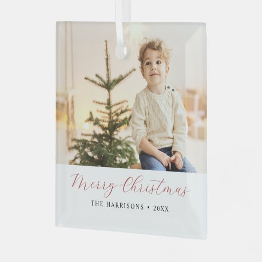 Moderne kalligrafie Vrolijke Kerstfoto Glas Ornament (Voorkant links)